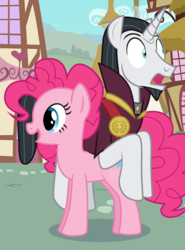 Size: 641x864 | Tagged: safe, artist:mlp-silver-quill, chancellor neighsay, pinkie pie, earth pony, pony, unicorn, comic:pinkie pie says goodnight, g4, chancellor neighsay riding pinkie pie, cropped, ponies riding ponies, riding, surprised, voice actor joke