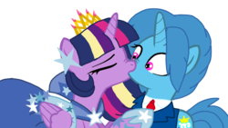 Size: 1920x1080 | Tagged: safe, artist:徐詩珮, spring rain, twilight sparkle, alicorn, pony, unicorn, g4, alternate hairstyle, base used, clothes, crown, dress, duo, female, gala dress, jewelry, kiss on the lips, kissing, lesbian, mare, rainbow power, regalia, ship:springlight, shipping, simple background, transparent background, twilight sparkle (alicorn)