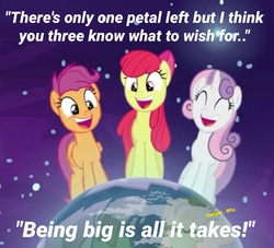 Size: 1024x929 | Tagged: safe, edit, edited screencap, screencap, apple bloom, scootaloo, sweetie belle, earth pony, pony, g4, growing up is hard to do, being big is all it takes, cropped, giant pony, macro, older, older apple bloom, older cmc, older scootaloo, older sweetie belle, pony bigger than a planet