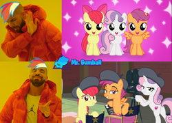 Size: 2500x1800 | Tagged: safe, edit, edited screencap, editor:mr. gumball, screencap, apple bloom, scootaloo, sweetie belle, g4, growing up is hard to do, cutie mark, cutie mark crusaders, hotline bling, meme, older, older apple bloom, older cmc, older scootaloo, older sweetie belle, the cmc's cutie marks