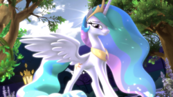 Size: 3840x2160 | Tagged: safe, artist:loveslove, princess celestia, alicorn, pony, 3d, 4k, beautiful, chestplate, crown, ethereal mane, ethereal tail, female, flowing mane, flowing tail, jewelry, lidded eyes, looking at you, mare, multicolored mane, multicolored tail, peytral, regalia, smiling, solo, source filmmaker, spread wings, sun, sunlight, tree