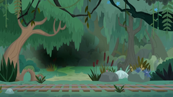 Size: 1600x900 | Tagged: safe, screencap, pony, g4, growing up is hard to do, cattails, dark, forest, mangrove tree, mysterious, pathway, reeds, rock, swamp, train tracks, tree, vine