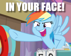 Size: 473x375 | Tagged: safe, edit, edited screencap, screencap, rainbow dash, pony, a trivial pursuit, g4, bragging, caption, cropped, female, image macro, pointing, solo, text