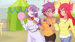 Size: 1280x720 | Tagged: safe, artist:jonfawkes, apple bloom, scootaloo, sweetie belle, human, growing up is hard to do, adult, anime, clothes, cotton candy, cute, cutie mark crusaders, digital art, eating, elf ears, female, humanized, older, older apple bloom, older cmc, older scootaloo, older sweetie belle, scene interpretation, smiling, unicorns as elves, wing ears