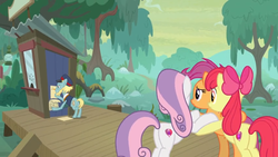 Size: 1600x900 | Tagged: safe, screencap, apple bloom, loose tracks, scootaloo, sweetie belle, g4, growing up is hard to do, booth, butt, cutie mark, cutie mark crusaders, drawing, hayseed swamp, holding each other, lantern, older, older apple bloom, older cmc, older scootaloo, older sweetie belle, platform, plot, swamp, the cmc's cutie marks