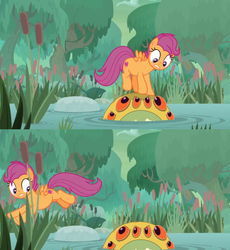 Size: 1600x1740 | Tagged: safe, edit, edited screencap, screencap, scootaloo, bufogren, g4, growing up is hard to do, cattails, comic, cutie mark, forest, jumping, older, older scootaloo, reeds, scared, screencap comic, swamp, the cmc's cutie marks, upset