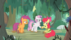 Size: 1600x900 | Tagged: safe, screencap, apple bloom, scootaloo, sweetie belle, g4, growing up is hard to do, cutie mark, cutie mark crusaders, dirty hooves, forest, frazzled, mud, muddy hooves, older, older apple bloom, older cmc, older scootaloo, older sweetie belle, swamp, the cmc's cutie marks, vine, wrapped up