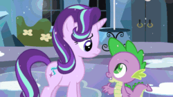 Size: 640x360 | Tagged: safe, artist:evil-dec0y, screencap, spike, starlight glimmer, trixie, dragon, pony, unicorn, g4, season 6, the crystalling, animated, clapping, cute, diatrixes, female, gif, glimmerbetes, hug, male, mare, ship:sparlight, shipper on deck, shipping, snow, spikabetes, straight, trio