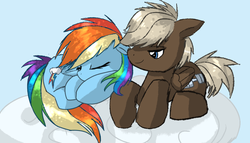Size: 848x485 | Tagged: safe, artist:rumbletree6, dumbbell, rainbow dash, pony, g4, cloud, cutie mark, dumbdash, female, lidded eyes, male, mare, shipping, sidemouth, sleeping, smiling, stallion, straight