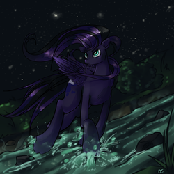 Size: 2000x2000 | Tagged: safe, artist:rumbletree6, oc, oc only, alicorn, pony, alicorn oc, cutie mark, female, high res, mare, night, river, solo, stars