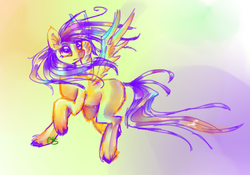 Size: 1763x1236 | Tagged: safe, artist:rumbletree6, pegasus, pony, abstract background, blank flank, female, flying, mare, solo, spread wings, windswept mane, wings