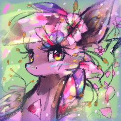 Size: 2000x2000 | Tagged: safe, artist:rumbletree6, oc, oc only, oc:moonlight blossom, pegasus, pony, abstract background, female, flower, flower in hair, high res, lidded eyes, looking at you, mare, solo