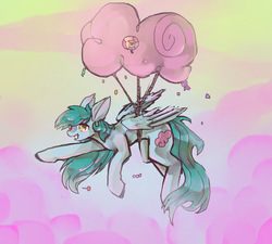 Size: 1112x1000 | Tagged: safe, artist:rumbletree6, oc, oc only, pegasus, pony, art trade, big ears, candy, cloud, cotton candy, cotton candy cloud, cutie mark, female, floppy ears, flying, food, heterochromia, lollipop, mare, raised hoof, smiling, solo, speedpaint available