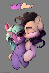 Size: 2000x3000 | Tagged: safe, artist:skitsroom, derpibooru exclusive, oc, oc only, oc:eleane tih, oc:mayata, pegasus, pony, unicorn, blushing, cloud, cute, eyes closed, female, frown, happy, heart, heart eyes, high res, horn, looking back, love, magic, mare, raised hoof, shipping, simple background, wingding eyes
