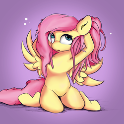 Size: 2500x2500 | Tagged: safe, artist:rainyvisualz, fluttershy, pegasus, pony, g4, arm behind head, cute, female, high res, mare, shyabetes, sitting, solo, spread wings, wings