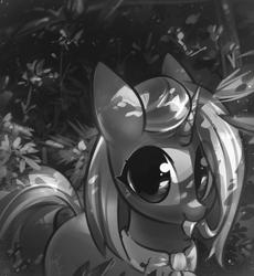 Size: 1475x1600 | Tagged: safe, artist:mirroredsea, clear sky, pony, unicorn, g4, biting, dappled sunlight, female, forest, hair bite, mare, monochrome, smiling, solo