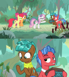 Size: 1600x1794 | Tagged: safe, edit, edited screencap, screencap, apple bloom, biscuit, scootaloo, spur, sweetie belle, g4, growing up is hard to do, box, cattails, chest, comic, cutie mark, forest, frazzled, neckerchief, older, older apple bloom, older cmc, older scootaloo, older sweetie belle, reeds, road, screencap comic, the cmc's cutie marks
