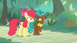 Size: 1600x892 | Tagged: safe, screencap, apple bloom, spur, g4, growing up is hard to do, concerned, cutie mark, forest, neckerchief, older, older apple bloom, road, the cmc's cutie marks, worried