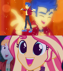 Size: 800x900 | Tagged: safe, edit, edited screencap, screencap, flash sentry, fry lilac, sunset shimmer, cheer you on, equestria girls, equestria girls specials, g4, my little pony equestria girls: better together, my little pony equestria girls: sunset's backstage pass, armband, backstage pass, beautiful, blue sneakers, close-up, clothes, converse, cute, diasentres, excited, eye reflection, eyes closed, female, happy, jewelry, male, necklace, open clothes, open shirt, reflection, shimmerbetes, ship:flashimmer, shipping, shoes, singing, smiling, sneakers, sparkly back, straight, template, wide eyes