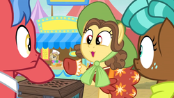 Size: 1600x900 | Tagged: safe, screencap, biscuit, jeff letrotski, may fair, spur, pony, g4, growing up is hard to do, box, candy, chest, clothes, dress, food, food stand, hat, lollipop, neckerchief, sun hat, vendor