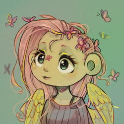 Size: 500x500 | Tagged: safe, artist:rumbletree6, fluttershy, butterfly, human, g4, clothes, green background, humanized, simple background, sweater, sweatershy, winged humanization, wings