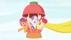 Size: 1600x900 | Tagged: safe, screencap, apple bloom, scootaloo, sweetie belle, pony, g4, growing up is hard to do, cheering, cutie mark crusaders, elated, excited, ferris wheel, goofing off, happy, older, older apple bloom, older cmc, older scootaloo, older sweetie belle, pod, seatbelt, sky