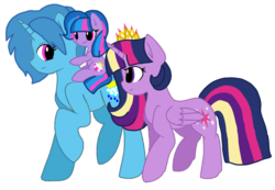 Size: 1483x1025 | Tagged: safe, artist:徐詩珮, spring rain, twilight sparkle, oc, oc:sparkle rain, alicorn, pony, unicorn, g4, alternate hairstyle, base used, crown, family, female, filly, jewelry, lesbian, magical lesbian spawn, mare, mother and daughter, next generation, offspring, parent:spring rain, parent:twilight sparkle, parents:springlight, rainbow power, regalia, ship:springlight, shipping, simple background, transparent background, twilight sparkle (alicorn)