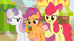 Size: 1600x900 | Tagged: safe, screencap, apple bloom, scootaloo, sweetie belle, g4, growing up is hard to do, banner, candy, carnival, cotton candy, cutie mark, cutie mark crusaders, deep fried, food, food stand, levitation, lollipop, magic, older, older apple bloom, older cmc, older scootaloo, older sweetie belle, telekinesis, tent, the cmc's cutie marks