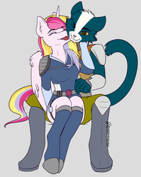 Size: 2033x2551 | Tagged: safe, artist:seryphsong, oc, oc:aurelia charm, alicorn, anthro, alicorn oc, avocato (final space), canon x oc, crossover, final space, furry, high res, licking, spacesuit, tongue out