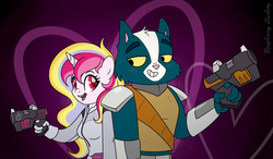 Size: 2232x1300 | Tagged: safe, artist:raspberrystudios, oc, oc:aureliacharm, alicorn, humanoid, anthro, alicorn oc, avocato (final space), canon x oc, crossover, crossover shipping, final space, furry, gun, looking at each other, shipping, spacesuit, weapon