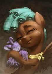 Size: 765x1080 | Tagged: safe, artist:assasinmonkey, bloofy, spur, pegasus, pony, whirling mungtooth, g4, growing up is hard to do, cute, digital painting, eyes closed, female, freckles, mare, scene interpretation, smiling, solo
