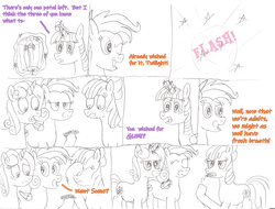 Size: 2238x1700 | Tagged: safe, artist:moonlight bloom, apple bloom, scootaloo, sweetie belle, twilight sparkle, alicorn, earth pony, pegasus, pony, unicorn, g4, growing up is hard to do, bad end, black and white, bubblegum, chewing, comic, dialogue, eating, female, food, grayscale, gum, lineart, mare, monochrome, older, older apple bloom, older cmc, older scootaloo, older sweetie belle, reference, spongebob squarepants, twilight sparkle (alicorn)