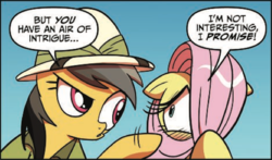 Size: 550x324 | Tagged: safe, artist:amy mebberson, idw, official comic, daring do, fluttershy, pony, g4, spoiler:comic, spoiler:comic15, blatant lies, dialogue, duo, female, hat, hiding behind mane, mare, pith helmet, speech bubble