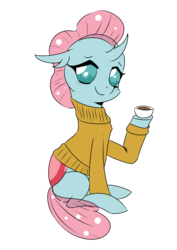 Size: 2894x4093 | Tagged: safe, artist:shelltoon, ocellus, changedling, changeling, g4, chocolate, clothes, cup, cute, diaocelles, female, food, hot chocolate, sitting, solo, sweater, transparent