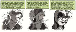 Size: 1106x476 | Tagged: safe, artist:amy mebberson, idw, official comic, pinkie pie, rainbow dash, twilight sparkle, pony, g4, spoiler:comic, spoiler:comic16, comic, eye twitch, female, glasses, grayscale, jewelry, mare, monochrome, narration, necklace, noir, one eye closed, pearl necklace, pince-nez, simple background, trio, white background