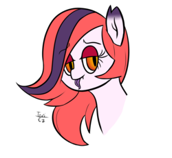 Size: 2400x2200 | Tagged: safe, artist:toricelli, oc, oc only, oc:arrhythmia, bat pony, pony, colored, fangs, flat colors, high res, seductive look, simple background, slit pupils, solo, tongue out, transparent background, watermark