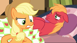 Size: 1920x1080 | Tagged: safe, screencap, applejack, big macintosh, earth pony, pony, g4, growing up is hard to do, annoyed, bags under eyes, bed, bedside, blanket, discovery family logo, female, gritted teeth, hooves on hips, male, mare, messy mane, pouting, sick, stallion, sweet apple acres