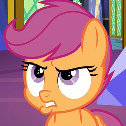 Size: 1079x1079 | Tagged: safe, screencap, scootaloo, pegasus, pony, derpibooru, g4, growing up is hard to do, angry, annoyed, cropped, disappointed, female, filly, frown, gritted teeth, juxtaposition, meta, pouting, pouty lips, solo