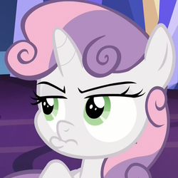 Size: 1079x1079 | Tagged: safe, screencap, sweetie belle, pony, unicorn, derpibooru, g4, growing up is hard to do, annoyed, cropped, cute, diasweetes, female, filly, frown, juxtaposition, meta, pouting, solo