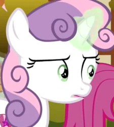 Size: 300x334 | Tagged: safe, screencap, scootaloo, sweetie belle, pony, unicorn, g4, the big mac question, confused, cropped, female, filly, reaction image, solo focus
