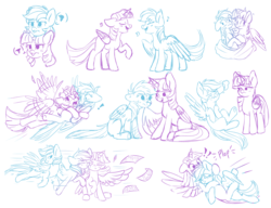 Size: 2600x2000 | Tagged: safe, artist:afkcyrist, rainbow dash, twilight sparkle, alicorn, pegasus, pony, g4, annoyed, bandage, blanket, blushing, cheek kiss, cheek squish, cuddling, cute, dashabetes, ear pull, exclamation point, eyes closed, feather, female, flapping, flying, high res, injured, kissing, lesbian, magic, mare, music notes, paper, quill, quill pen, ship:twidash, shipping, simple background, singing, sketch, sketch dump, smiling, snuggling, spread wings, squishy cheeks, telekinesis, tongue out, twiabetes, twilight sparkle (alicorn), unamused, white background, wind, wingboner, wings