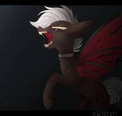 Size: 916x873 | Tagged: safe, artist:afkcyrist, oc, oc only, oc:z143, bat pony, pony, alternate universe, bondage, chained, collar, cutie mark, eye scar, fangs, female, mare, narrowed eyes, open mouth, rearing, savage, scar, solo, spread wings, torn wings, unsexy bondage, wings