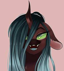 Size: 852x938 | Tagged: dead source, safe, artist:afkcyrist, oc, oc only, changeling, big ears, changeling oc, coat markings, ethereal mane, fangs, female, floppy ears, hair over one eye, lidded eyes, not chrysalis, open mouth, pink background, request, simple background, solo, starry mane
