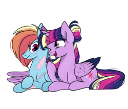 Size: 1024x871 | Tagged: safe, artist:afkcyrist, rainbow dash, twilight sparkle, alicorn, pegasus, pony, g4, alternate hairstyle, alternate universe, colored wings, colored wingtips, crossed hooves, cute, cutie mark, ethereal mane, eye clipping through hair, female, hair bun, hug, lesbian, lying down, mare, one eye closed, open mouth, prone, rainbow power, raised hoof, scar, ship:twidash, shipping, simple background, smiling, starry mane, transparent background, twilight sparkle (alicorn), winghug, wings