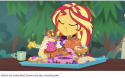 Size: 887x554 | Tagged: safe, edit, screencap, sunset shimmer, equestria girls, g4, my little pony equestria girls: choose your own ending, wake up!, wake up!: pinkie pie, :t, bread, cake, candy, cinnamon bun, croissant, eyes closed, food, frosting, jelly beans, mug, pastry, picnic table, stuffing, sweets, table, this will end in diabetes, this will end in tummy aches, this will end in weight gain, this will not end well, tray, tree