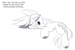 Size: 2068x1376 | Tagged: safe, artist:taaffeiite, derpibooru exclusive, oc, oc only, unnamed oc, earth pony, pony, bags under eyes, cutie mark, female, mare, monochrome, prone, sad, simple background, singing, sketch, white background