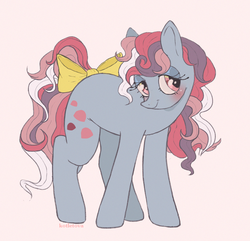 Size: 1556x1501 | Tagged: safe, artist:kotletova97, sweet stuff, earth pony, pony, g1, blushing, bow, cute, female, multicolored hair, simple background, sweet sweet stuff, tail bow, white background