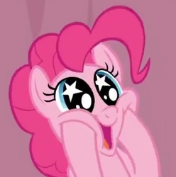 Size: 568x573 | Tagged: safe, screencap, pinkie pie, earth pony, pony, a trivial pursuit, g4, cropped, cute, diapinkes, excited, female, happy, mare, open mouth, pinkie being pinkie, reaction image, solo, squishy cheeks, starry eyes, wingding eyes