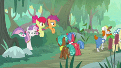 Size: 1920x1080 | Tagged: safe, screencap, apple bloom, biscuit, savage honeydew, scootaloo, spring green, spur, sweetie belle, earth pony, pegasus, pony, unicorn, g4, growing up is hard to do, :i, animated, background pony, bandana, blatant lies, box, bush, cajun ponies, cutie mark crusaders, dirt, disbelief, falling, freckles, looking at someone, messy mane, mud, pouting, rock, smiling, sound, spurple, swamp, talking, tree, walking, webm, wings
