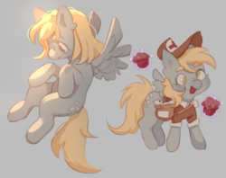 Size: 2035x1611 | Tagged: safe, artist:forestfolke, derpy hooves, pegasus, pony, g4, blonde, cap, clothes, cute, derpabetes, female, flying, food, hat, mailmare, mare, muffin, no pupils, saddle bag, simple background, solo, uniform